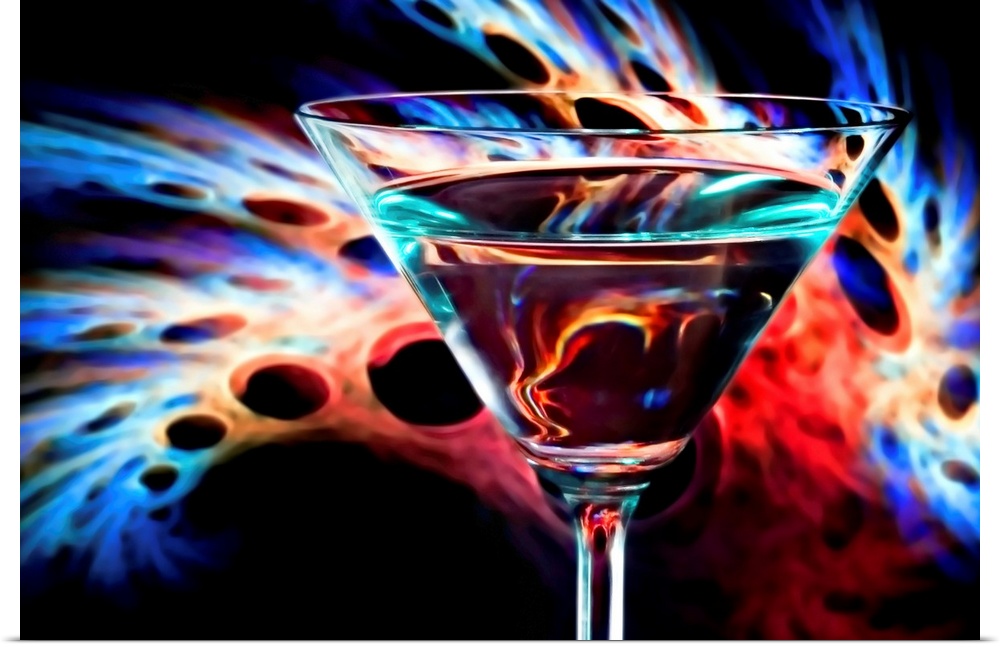 Full martini glass in front of a psychedelic  colorful design.