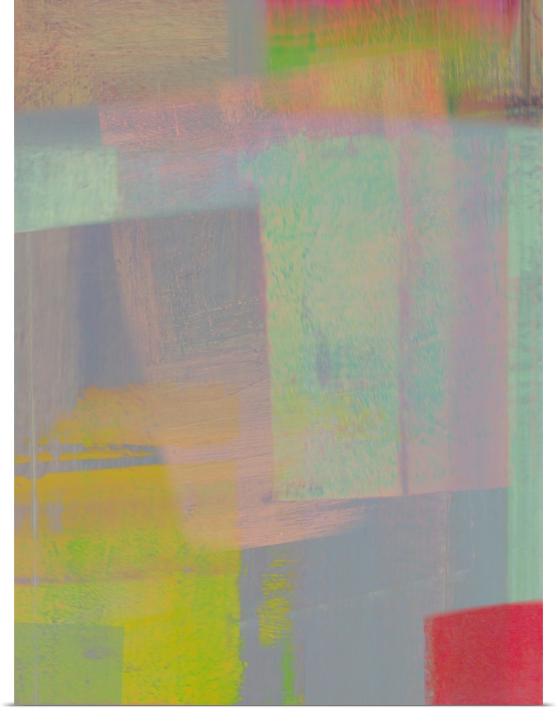 A contemporary abstract expressionist collage in soft greens, teal, golds with a splash of red.