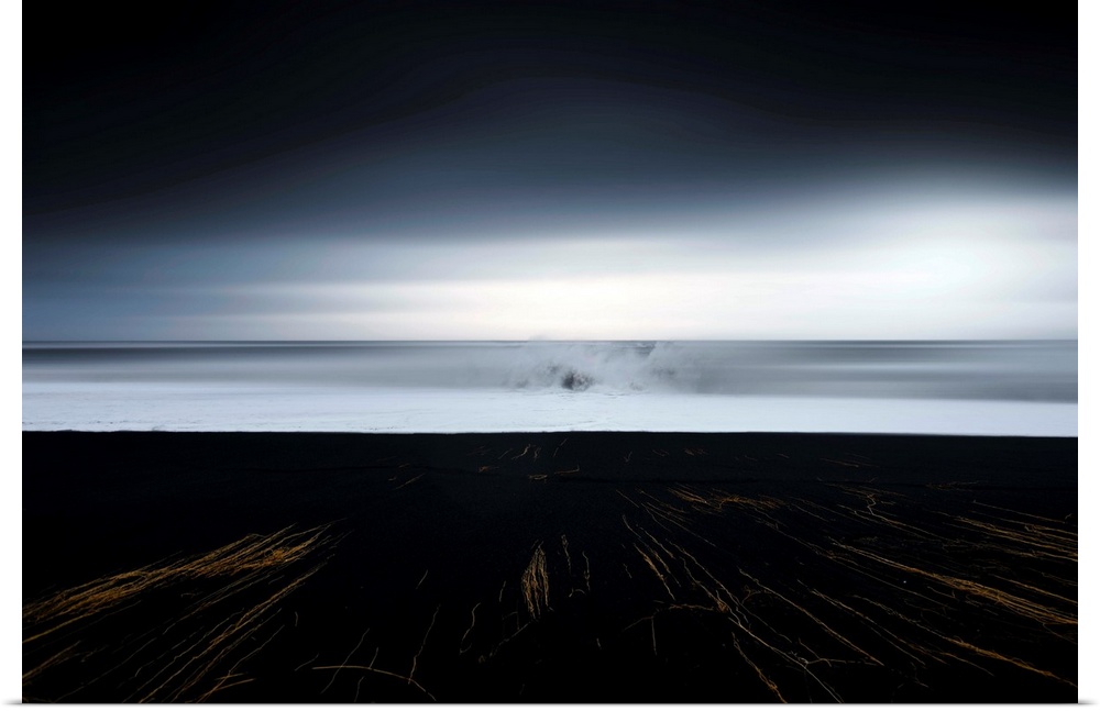 Abstract photograph of a dark landscape with thin gold lines leading up to an ocean where a large wave is crashing in the ...