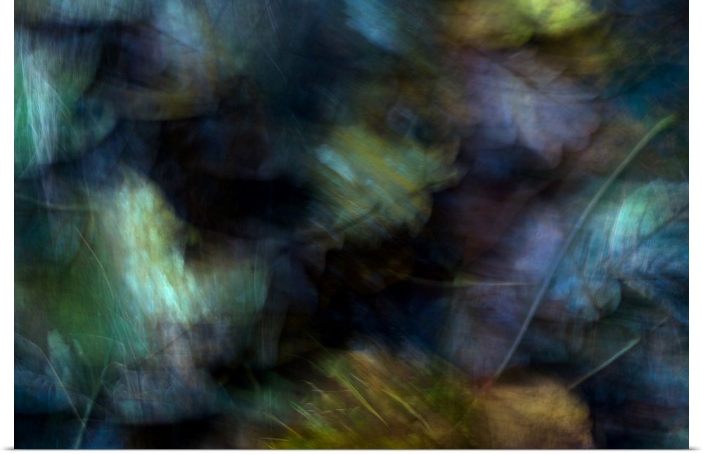 Pockets of dark hues with cross hatched greens and blues create this abstract artwork.