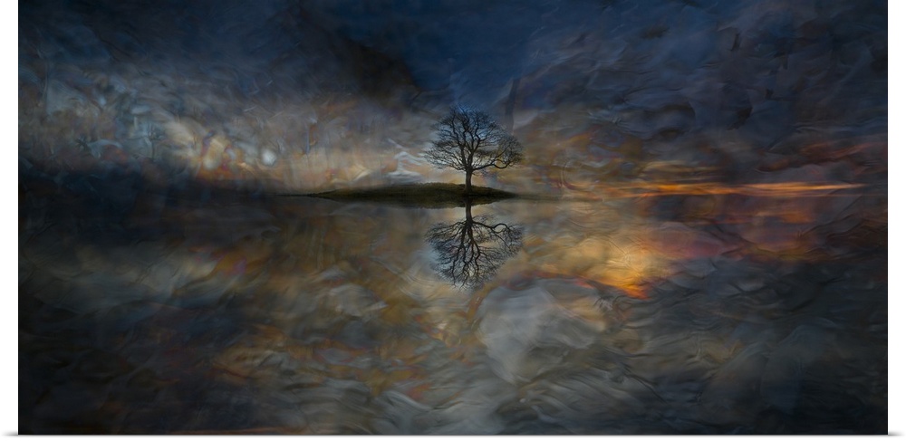Dream-like photograph of an island with a single bare tree on it reflecting into the water, with a wavy, rippled overlay.