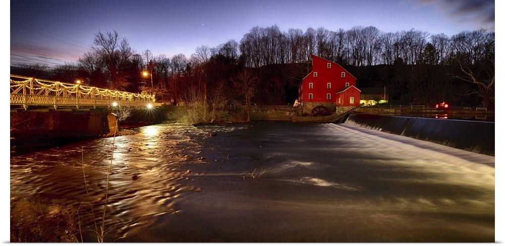 The Historic Red Mill and Clinton Bridge at Night, Hunterdon County, New Jersey.