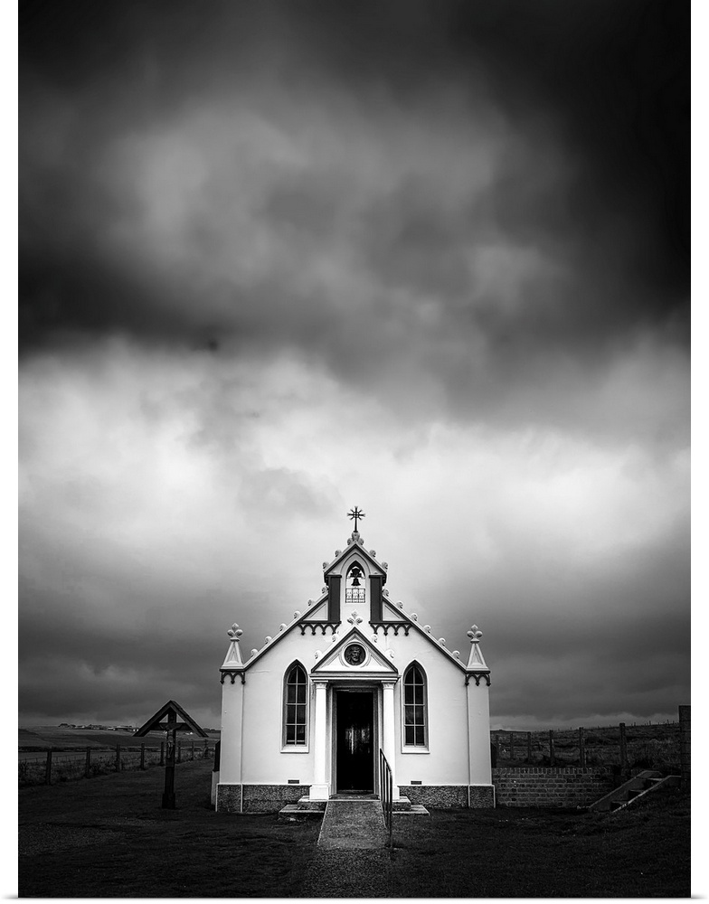 Dramatic black and white fine art photography of The Italian Chapel on Orkney Island in Scotland.
