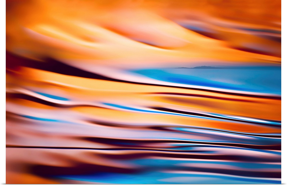 Abstract image of a far away horizon line of land combined with a second image, a colourful closeup of water, made in stud...