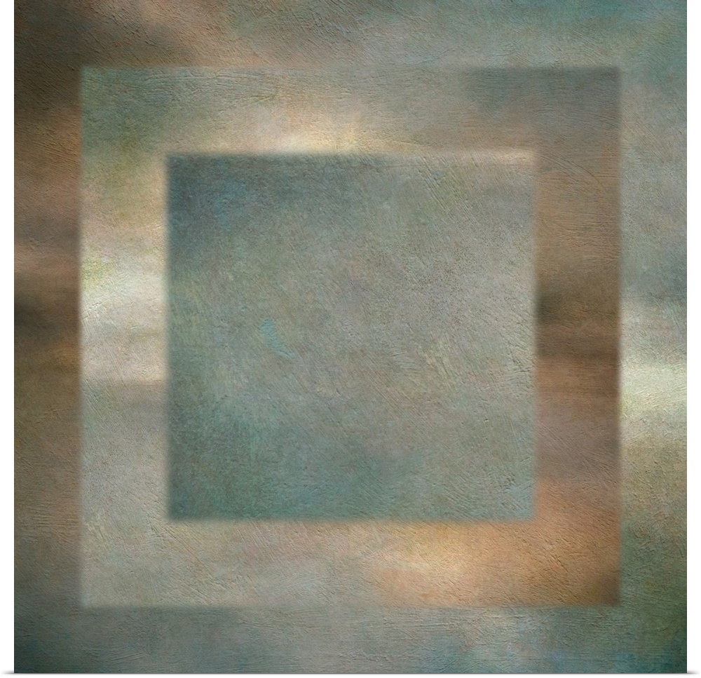 Square abstract at created with squares inside squares in shades of white, brown, green, and blue with a rough texture.