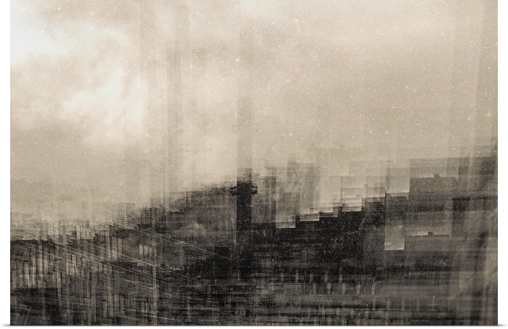 Conceptual image of dark urban buildings in multiple exposures, creating an illusion of movement.