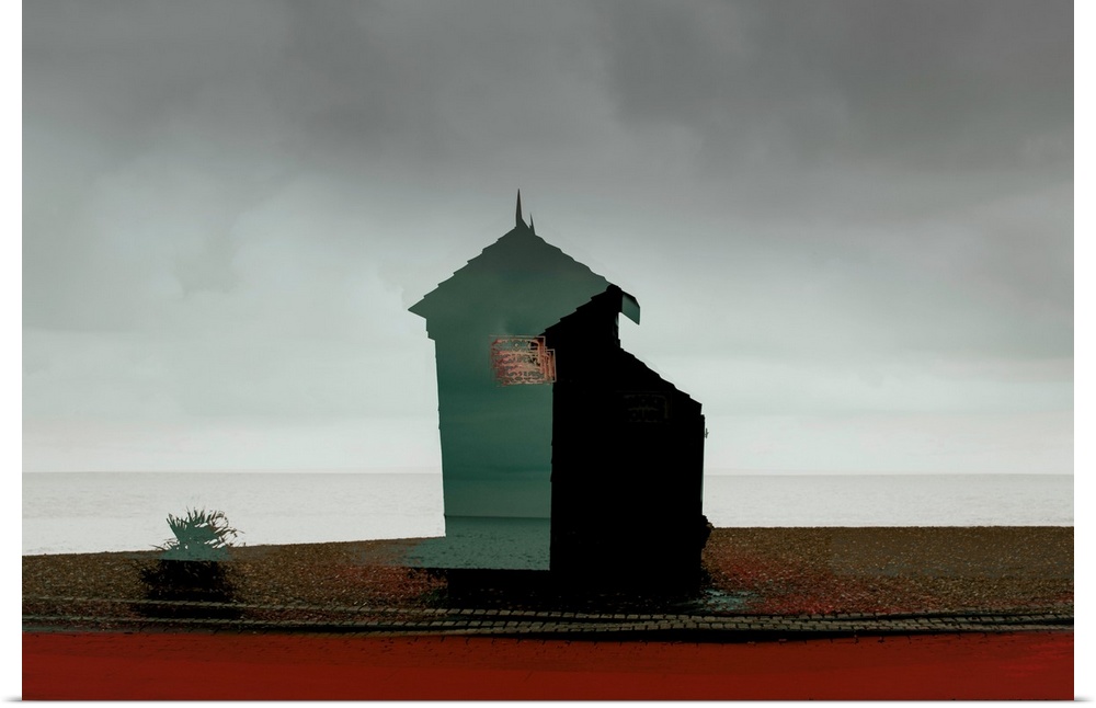Conceptual photograph of a smokehouse in an open landscape.