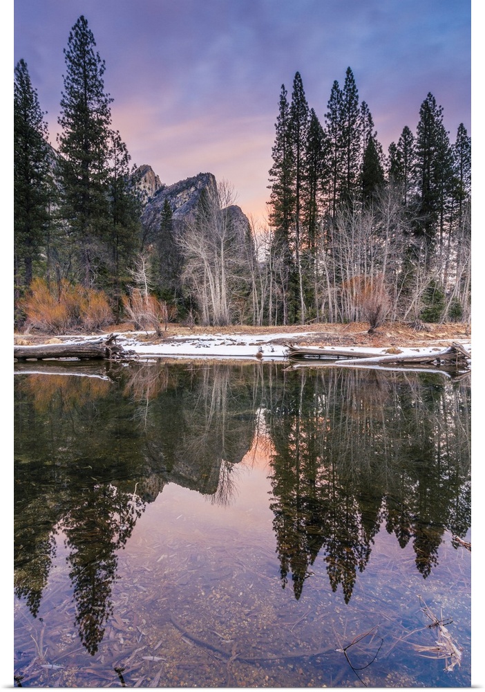 Three Brothers Cathedral Beach at Yosemite National Park in California during winter sunrise.