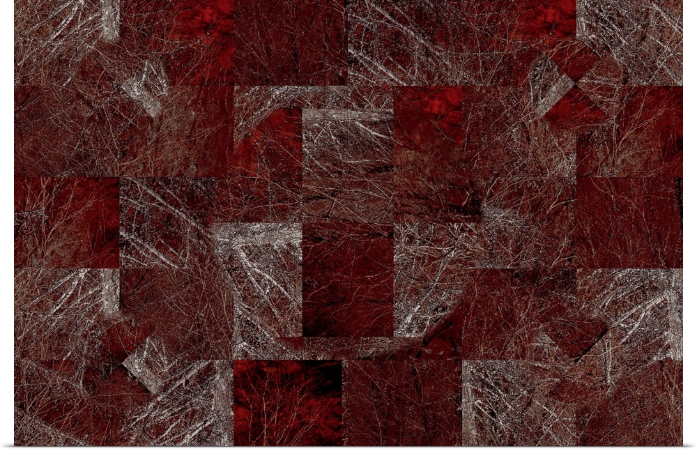 A tessalated deep crimson red abstract of autumn fall silver birch trees.