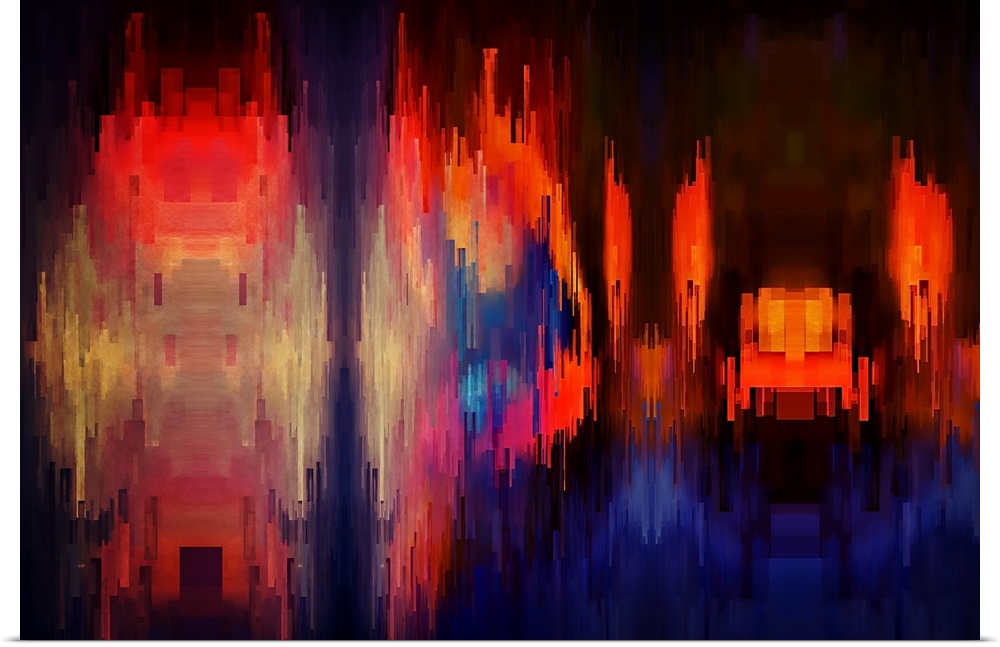 Bright orange and blue lights from a city scene warped into stretched, square shapes to create an abstract image.