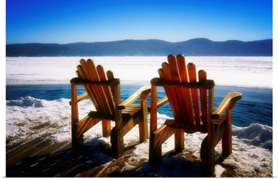 Two Adirondack Chairs on a Deck in Winter, Lake George, New York
