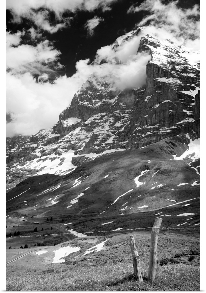 Black and white photo of the Swiss Alps