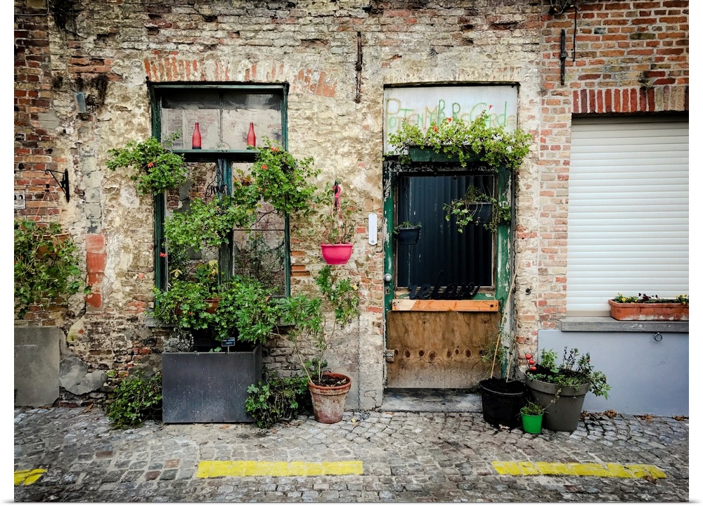 A photo of brick building covered in plants from a street view.