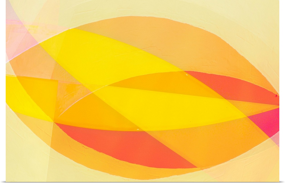 A cheerful yellow red and orange abstract expressionistic image of ovals, triangles and flowing shapes.