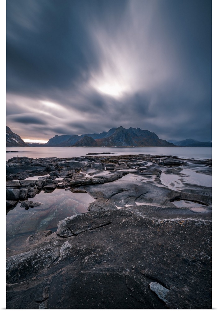 Dramatic cloud movement from long exposure in central Lofoten islands, an archipelago within the Arctic Circle in Norway, ...