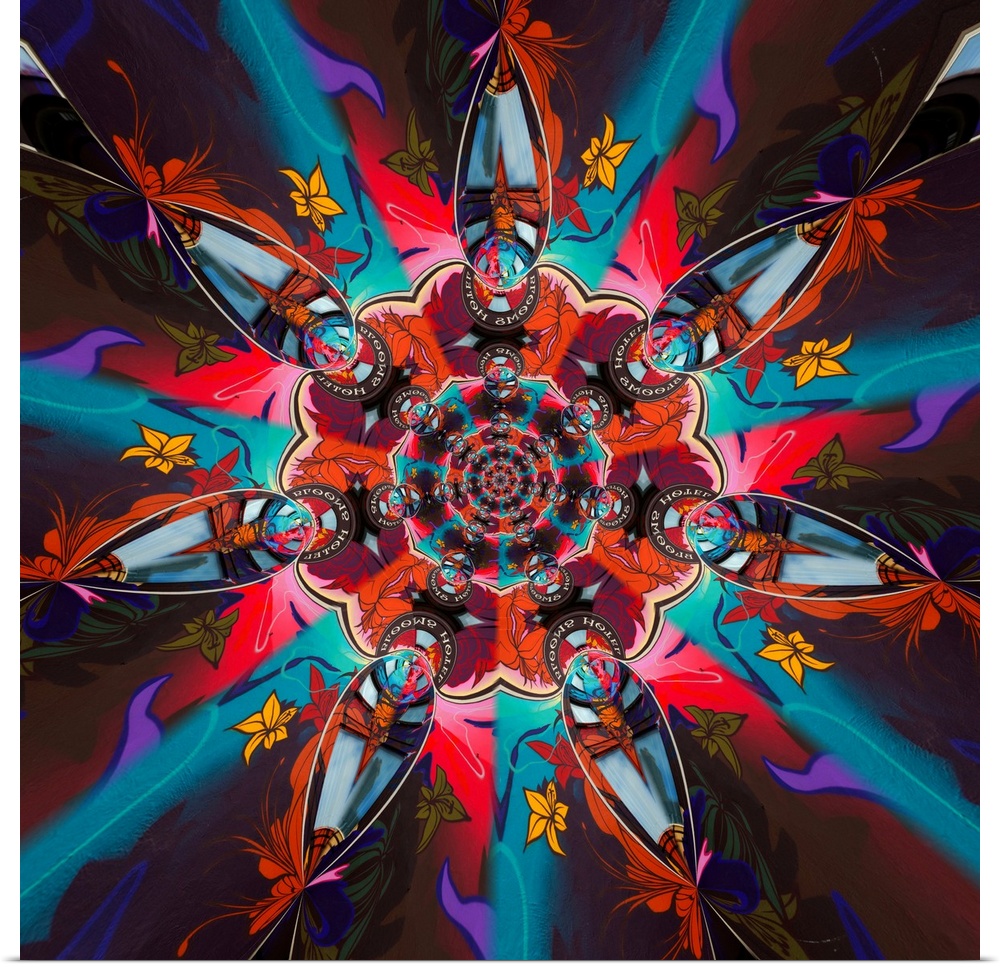 Psychedelic circular figure created with different shapes and colors.