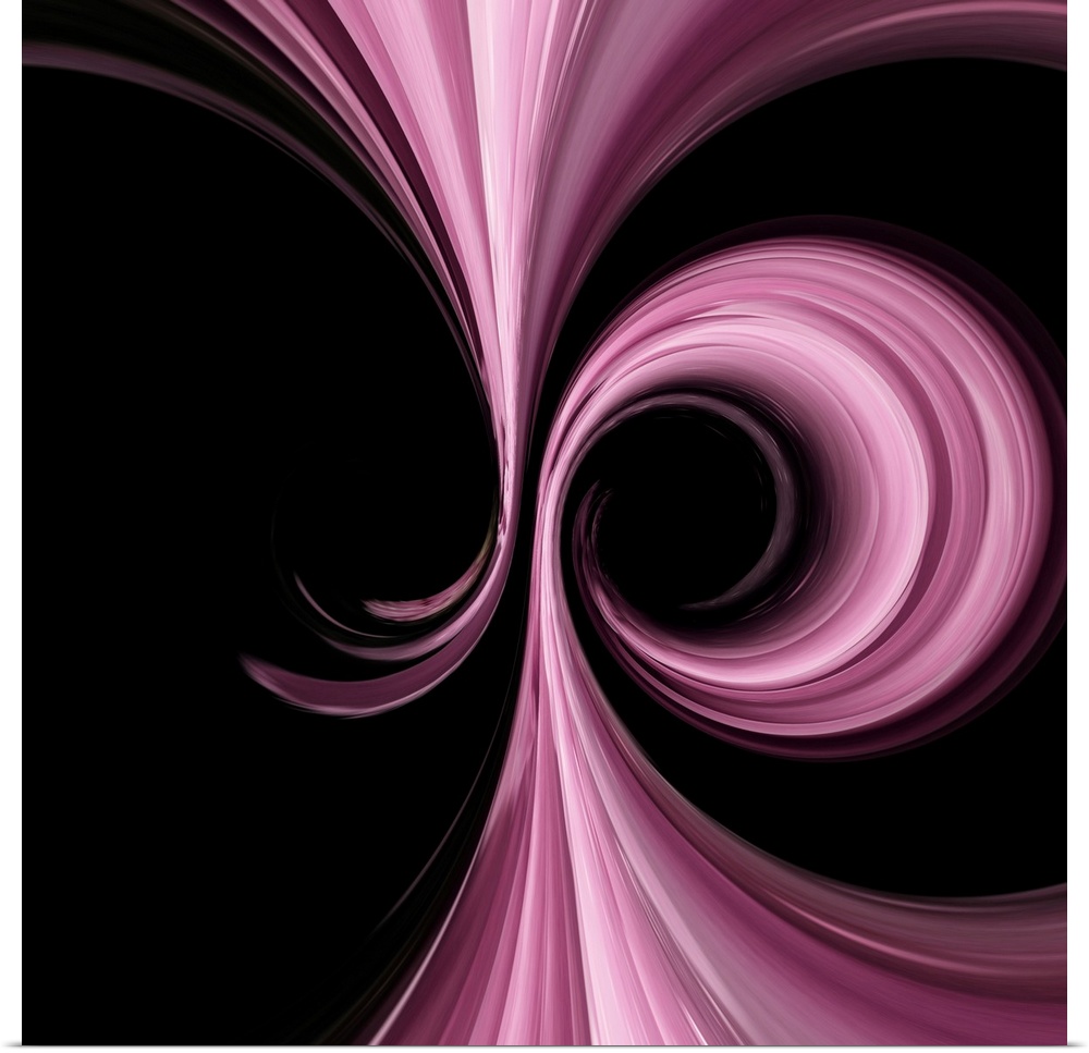 Bands of pink and purple hues pulling in from the top and bottom and looping into circles in the center on a black backgro...