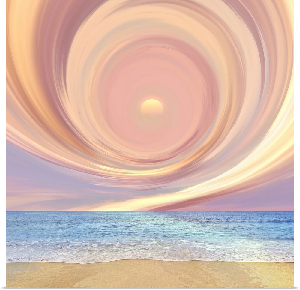 Conceptual photograph of a pink spiraled circle in the sky above the ocean and beach.