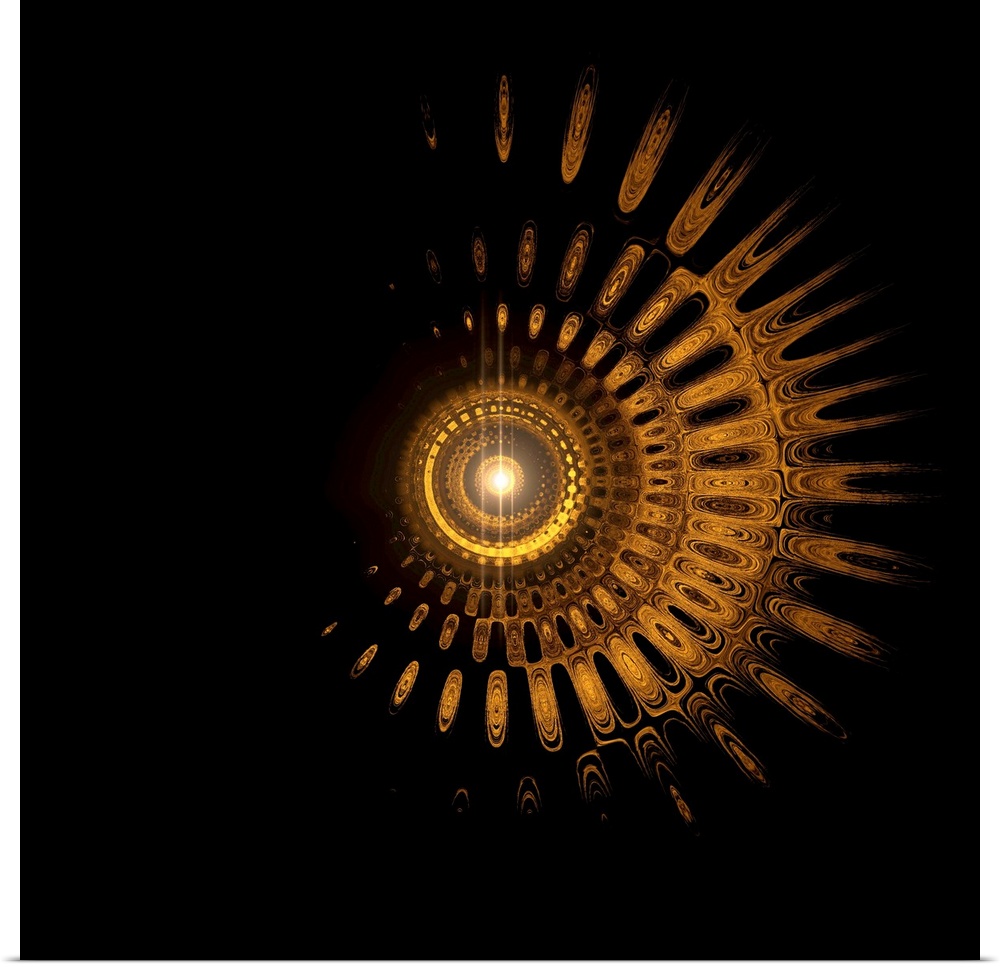 Golden circles inside circles, creating circles and depth on a black background.