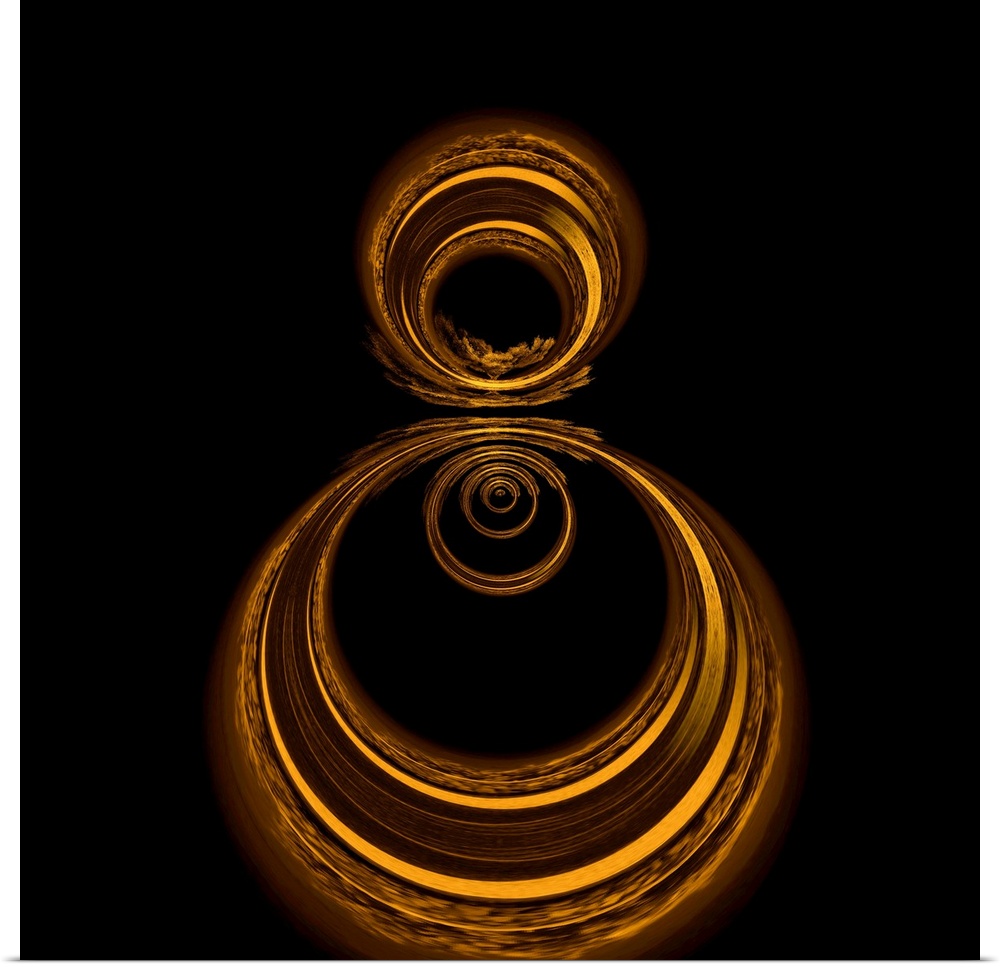 Square abstract art with gold circles formed together on a black background.