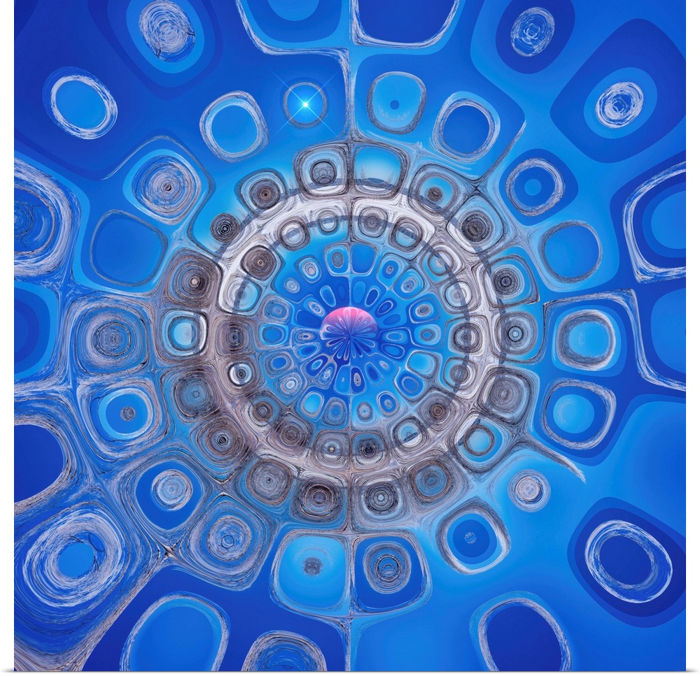 Square abstract art with circular shapes creating circles into the center in shades of blue and gray.