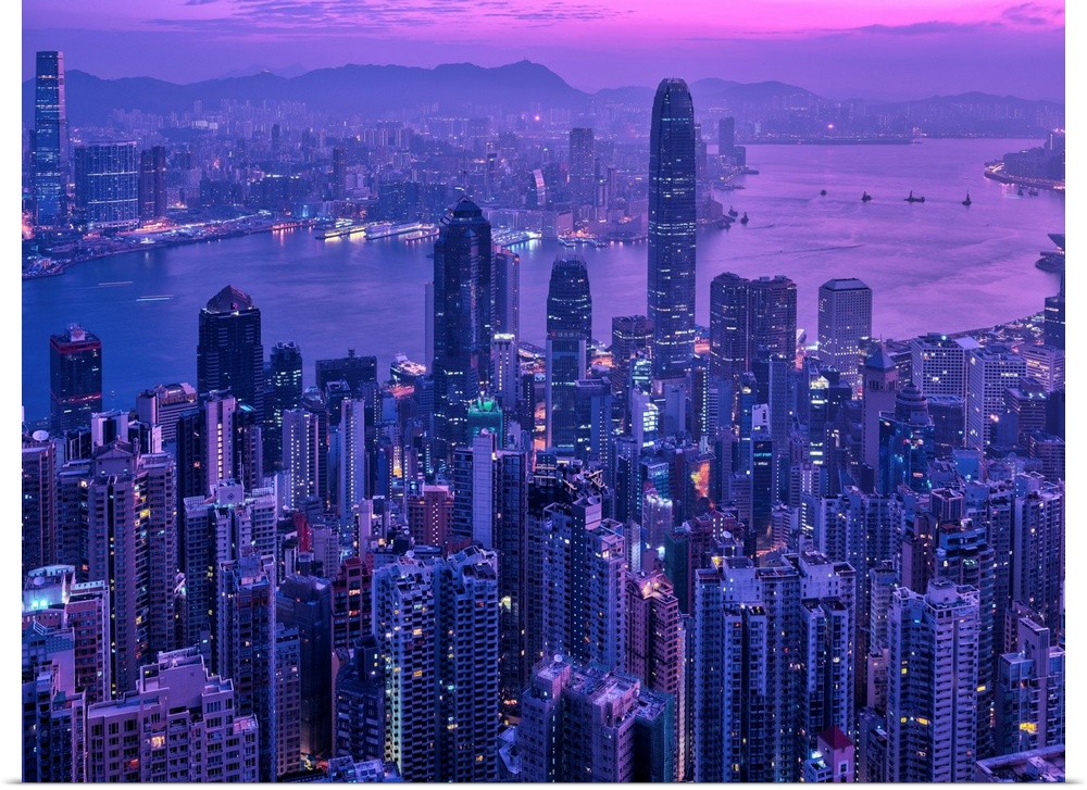 Ariel view of the city of Hong Kong, China at sunset.
