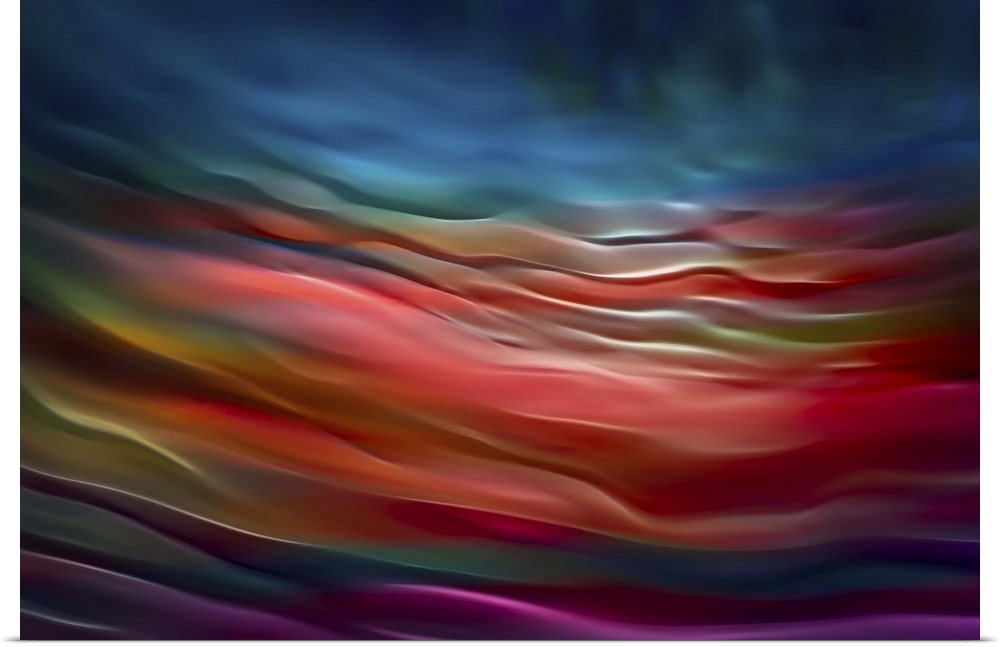 Abstract photograph in blue and red shades resembling ocean waves.