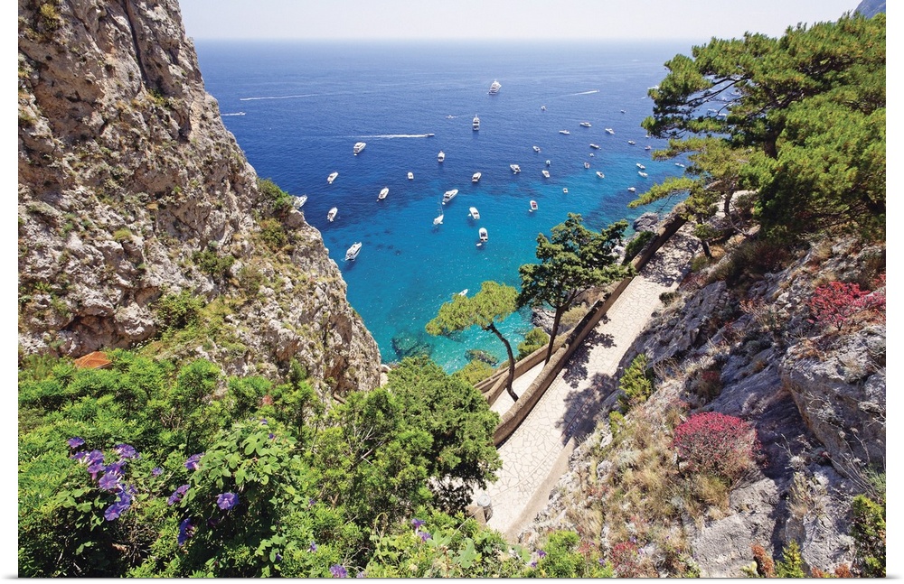 High Angle View of Coastline with a Trail, Via Krupps, Capri, Campania, Italy.
