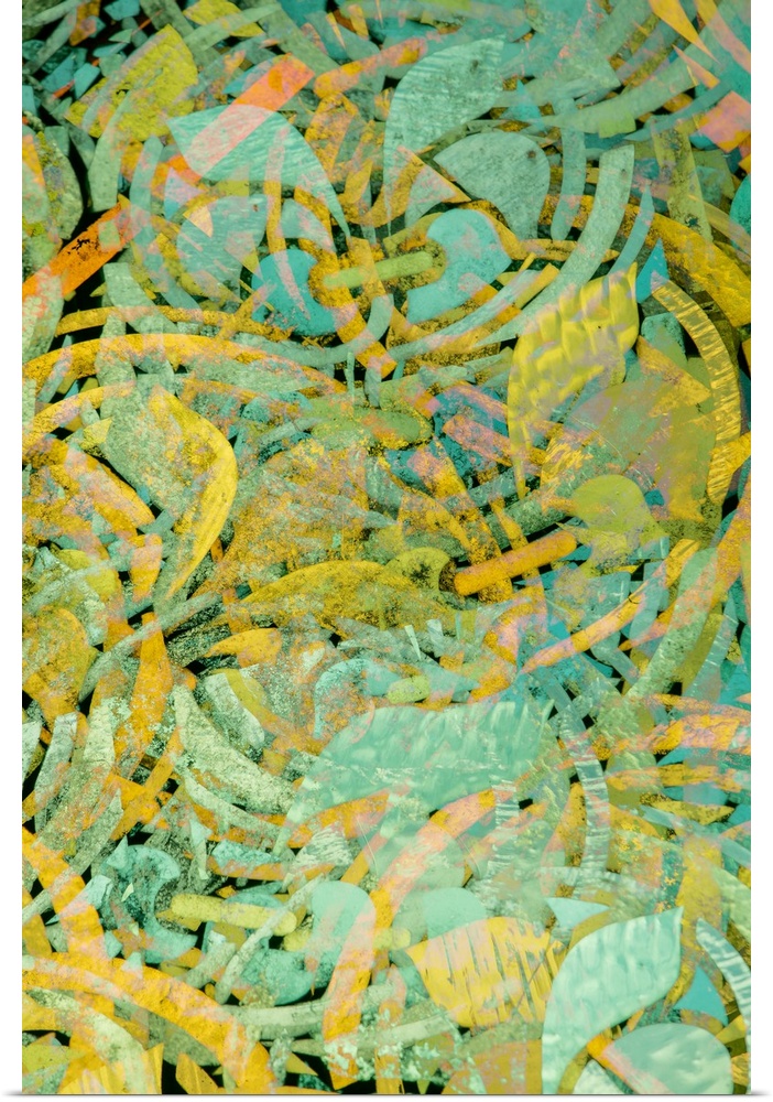 A curvaceous abstract of flowing shapes in shades of vivid gold and turquoise green.