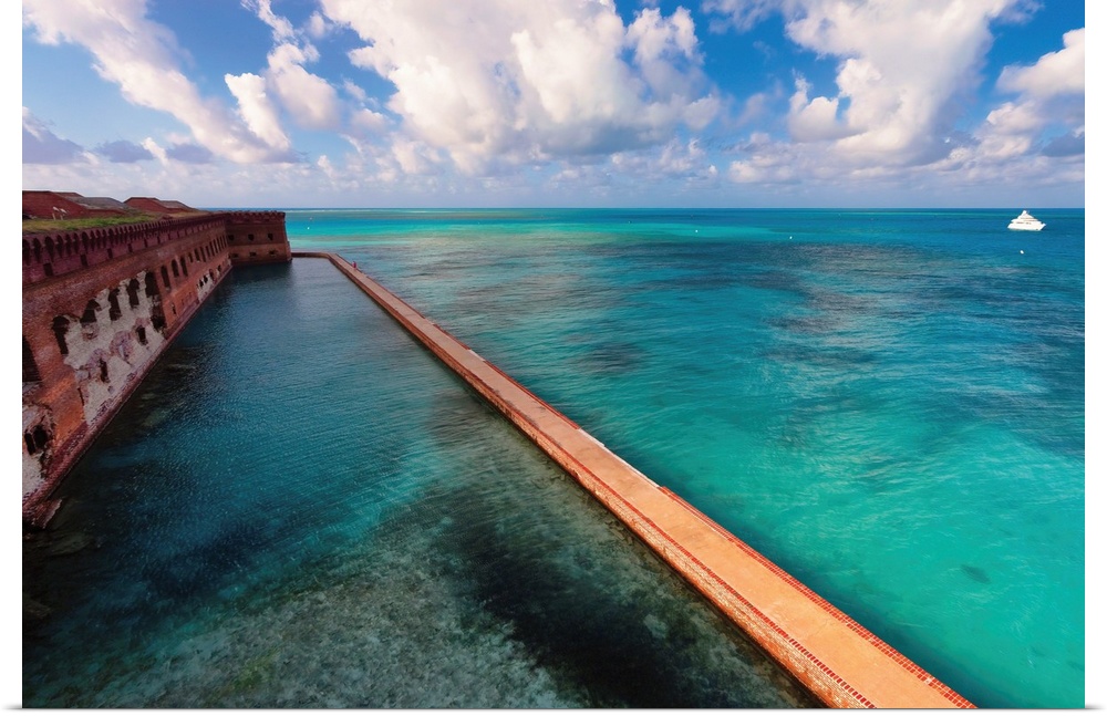 High angle view of the walls and moat of a brick fort, Fort Jefferson, Dry Tortugas National Park, Florida.