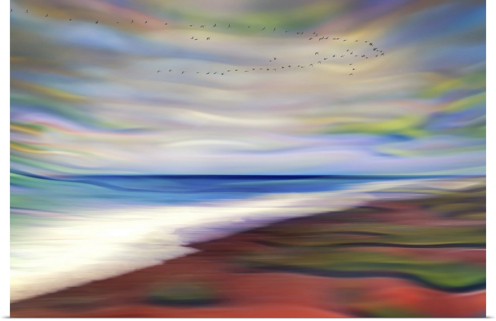 Abstract photograph of blurred and blended colors and flowing lines, resembling foamy ocean waves on a red beach.
