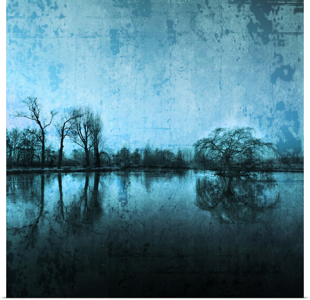Trees reflected in the water. Photo with a texture