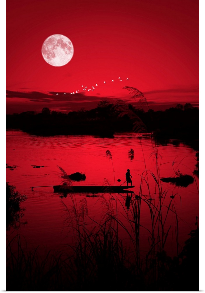Boat on the Mekong with birds and the moon, photographed with a red filter