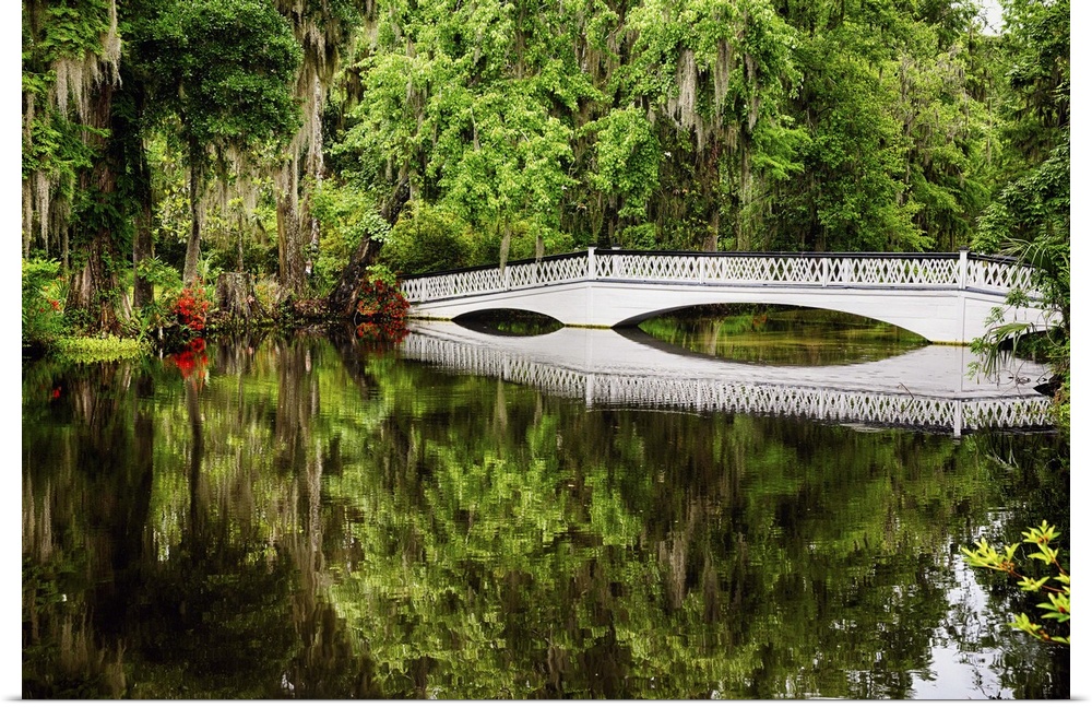 Reflection of a White Wooden Footbridge in a Lake, Magnolia Plantation
