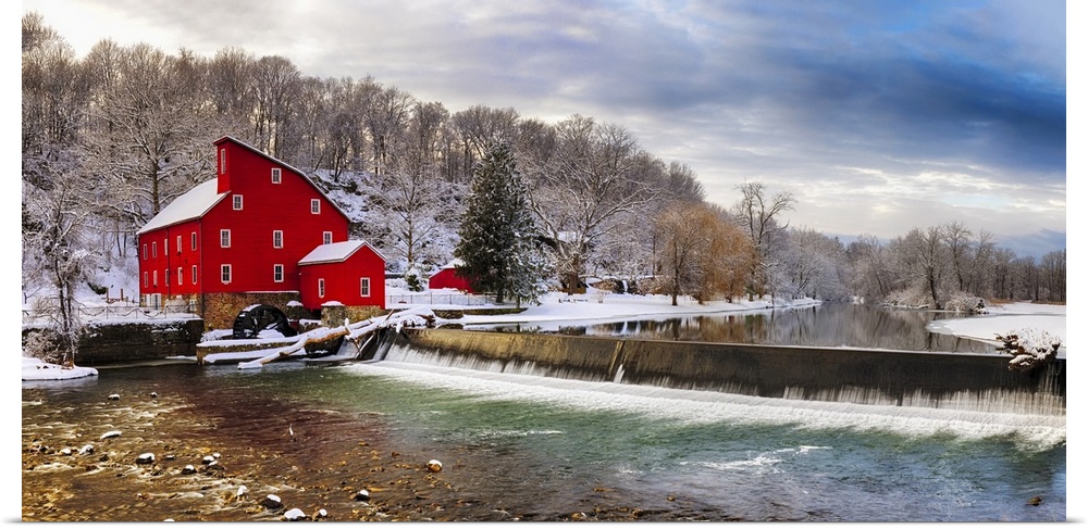 Red Gristmill in Snowy Landscape , Clinton, Hunterdon County, New Jersey, USA.
