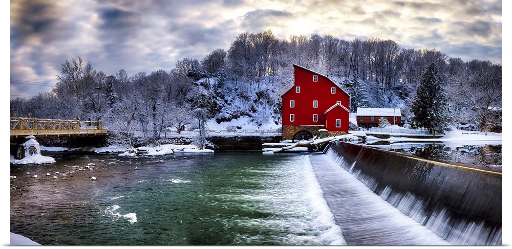 Winter Landscape of a Red Gristmill and a Waterfall, Clinton, Hunterdon County, New Jersey, USA.