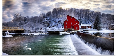 Winter Lanscape Of A Red Gristmill And Waterfall, New Jersey