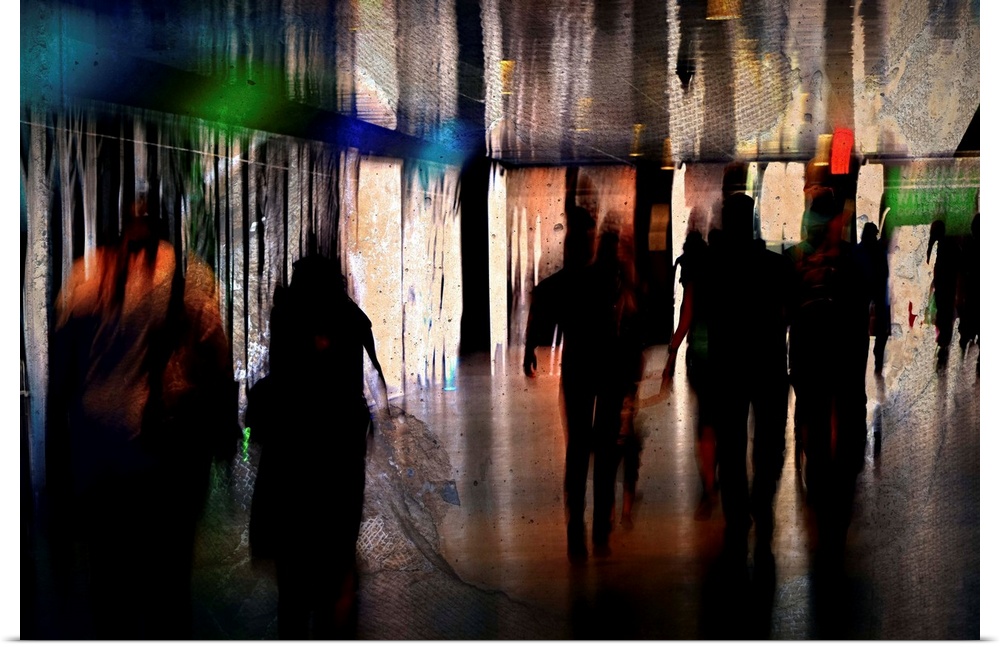 Artistic photograph of silhouetted figures walking.