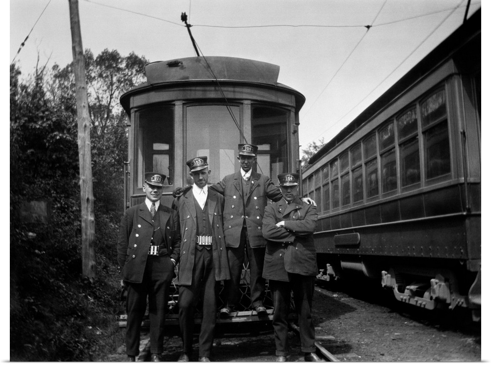 1910's 1920's 4 Men Conductors Motormen Public Transportation Transit Workers Posing In Front Of Trolley Car In Uniforms A...
