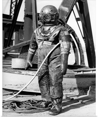 1930s 1940s Full Figure Of Man In Underwater Hard Hat Deep Sea Diving Suit