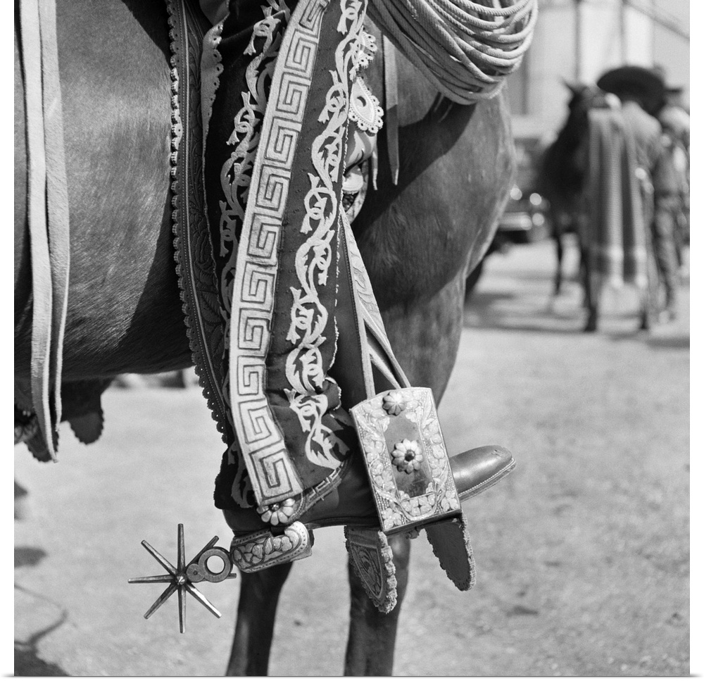 1930's Detail Of Traditional Charro Cowboy Costume Embroidered Chaps Spurs Leather Boots In Horses Stirrup Mexico.
