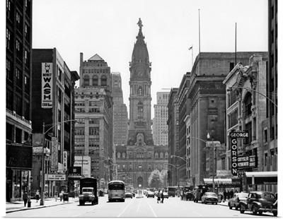 1950's Downtown Philadelphia Pa USA Looking South Down North Broad Street At City Hall