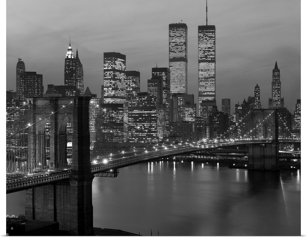 1980's New York City Lower Manhattan Skyline Brooklyn Bridge World Trade Center.