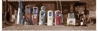 Abandoned fuel pumps in a row at a museum Gasoline Alley Museum Taos county New Mexico