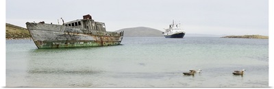 Abandoned shipwreck along shoreline with new cruise ship, Falkland Islands