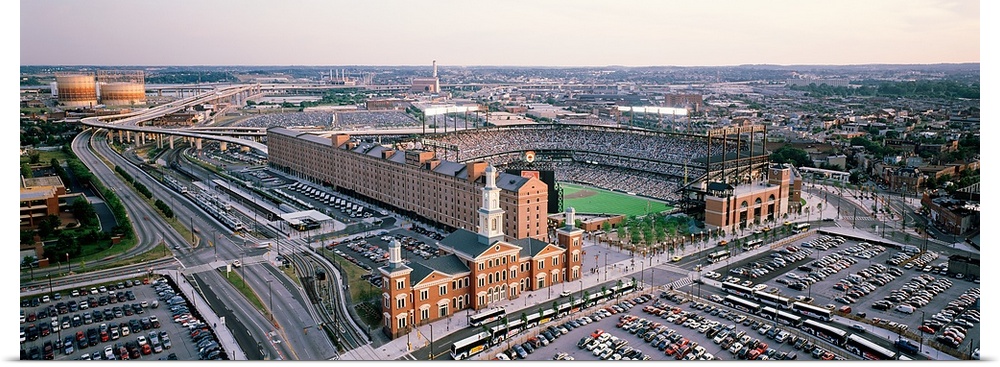 Wide angle aerial picture taken of Baltimore Maryland and the Orioles stadium.