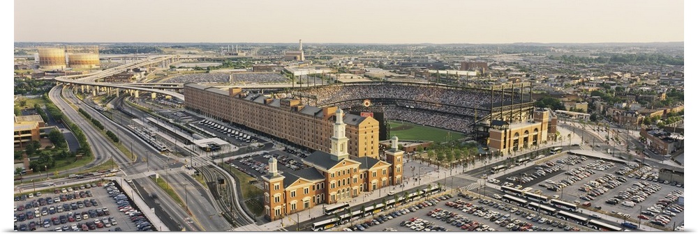 Aerial view of a baseball stadium in a city, Oriole Park at Camden Yards, Baltimore, Maryland