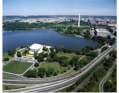 Aerial view of a building near a river, Jefferson Memorial, Washington DC
