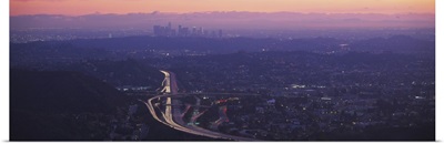 Aerial view of a city at dusk looking towards Los Angeles, Glendale, California