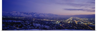 Aerial view of a city at dusk, Salt Lake City, Utah